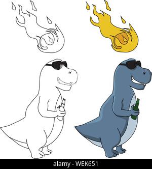 Relaxed dinosaur having a beer - sketch and colored. Fire comet falling to the earth on his head. The end of the jurassic world. Stock Vector