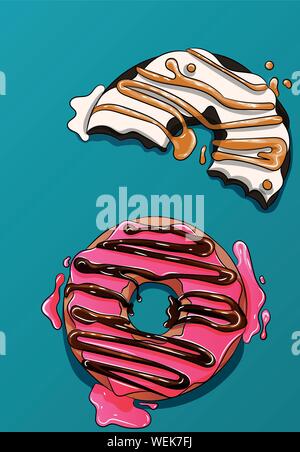 Two donuts vector, cute cookies, pink and white cakes with caramel and chocolate. Delicious, sweet illustration, sugar, frosting and syrup drawing. Stock Vector