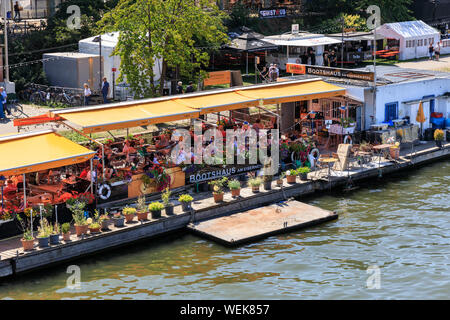 Bootshaus am Eisernen Steg, barge outdoor restaurant on a moored boat on the river Main, Frankfurt am Main, Germany Stock Photo