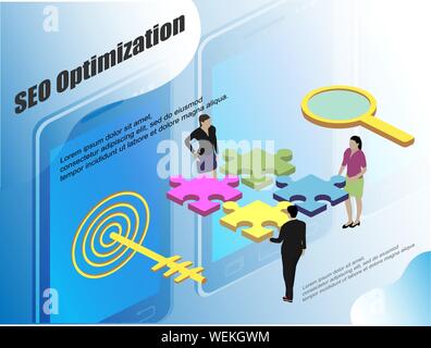 Flat infographic with seo for marketing design. Isometric people vector. Seo, great design for any purposes. Stock Vector