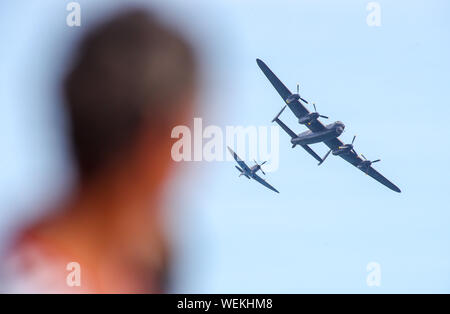 Bournemouth, UK, 30th August 2019. Battle of Britain memorial flight above Bournemouth Beach at this years Bournemouth Air Festival. Credit Stuart Martin/Alamy Live News Stock Photo