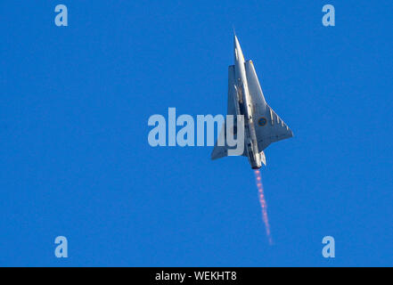 Bournemouth, UK, 30th August 2019. A Saab Draken display above Bournemouth Beach at this years Bournemouth Air Festival. Credit Stuart Martin/Alamy Live News Stock Photo