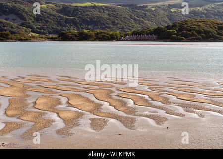 View across the sand dunes of Barmouth Estuary at low tide towards Mawdach Crescent - a row of 8 Edwardian houses on the edge of the Mawddach Estuary Stock Photo