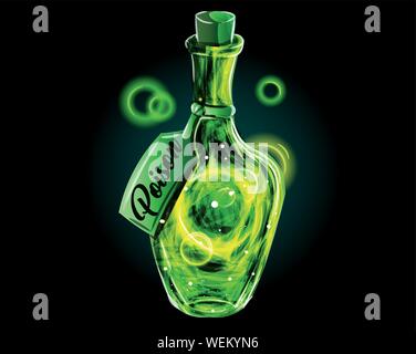 Poison in a magic bottle. A green universe in a jar illustration. Neon toxic fantasy effect. Magic liquid for medicine, science vector full of light. Stock Vector