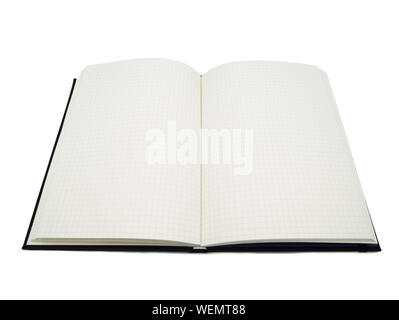 Black notebook, blank graph paper with square lines.it's open both side of two pages in the white and isolated background. Stock Photo