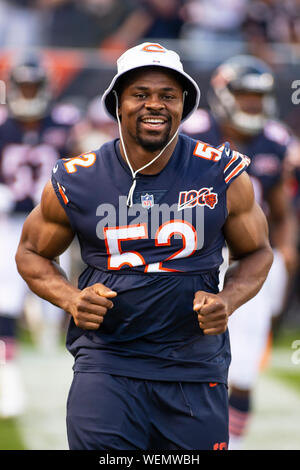 August 29, 2019: Chicago, Illinois, U.S. - Bears #52 Khalil Mack warms up  the NFL Preseason Game between the Tennessee Titans and Chicago Bears at  Soldier Field in Chicago, IL. Photographer: Mike