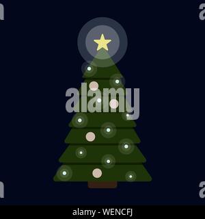 Vector illustration of brightly lit decorated christmas fir tree isolated on dark blue background. New Year festive flat icon with shining star, garland lights and ornaments. Gift print template. Stock Vector