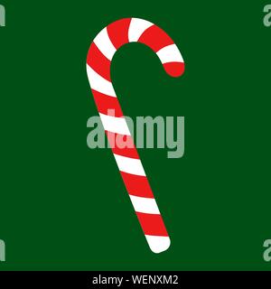 Vector illustration of candy cane sweet stick. Christmas or New Year festive flat icon. White cane with red stripes isolated on green background. Gift, greeting card print template. Stock Vector