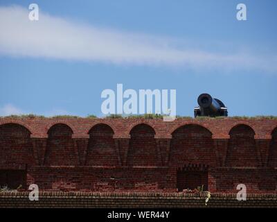 Wide shot of the top of Fort Jefferson, with a cannon. Dry Tortugas National Park. Stock Photo