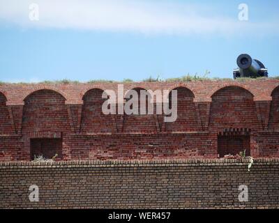 Medium close up of the top of Fort Jefferson, with a cannon. Dry Tortugas National Park. Stock Photo