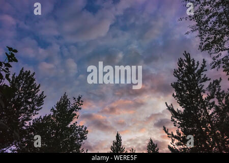Cumulus sunset clouds with sun setting down. The sky with dark clouds illuminated by the setting sun. Stock Photo