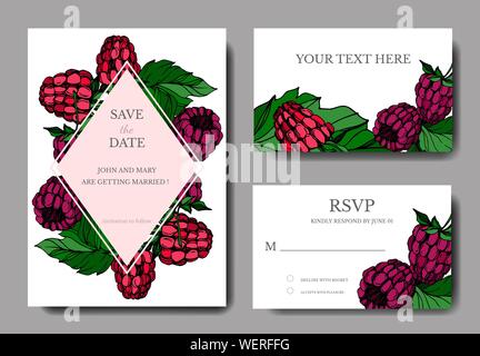 Vector Raspberry healthy food isolated. Black and white engraved ink art. Wedding background card decorative border. Stock Vector