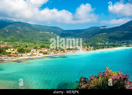 Landscape with Skala Potamia and Amazing Golden Beach on Thassos, Aegean Sea, Greece Stock Photo
