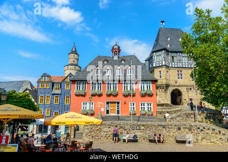 29 August 2019: Town Hall, Hexenturm. Colorful Half-timbered (Fachwerkhaus) house, houses on marketplace in Idstein, Hessen (Hesse), Germany. Nearby F