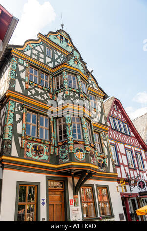 29 August 2019: Colorful Half-timbered (Fachwerkhaus) house, houses on marketplace in Idstein, Hessen (Hesse), Germany. Nearby Frankfurt am Main, Wies