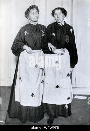 PEFA1094, Pankhursts in Prison Clothing, 1908 photo of Mrs Emmeline and Miss Christobel at their imprisonment after the demonstrations in Westminster in October