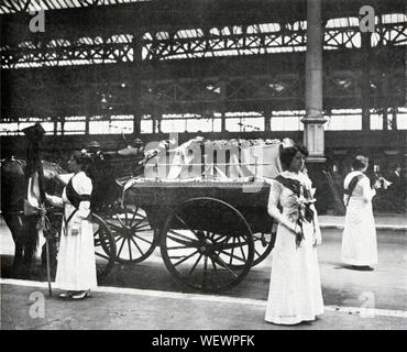 Emily Wilding Davison, Coffin at Victoria Station, 1913 photograph of the suffragette funeral procession on its way from Epsom to Morpeth in Northumberland for burial