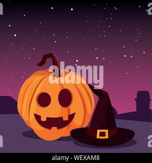 pumpkin witch hat happy halloween night panorama vector illustration Stock Vector