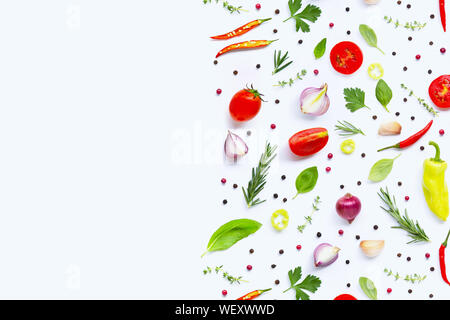 Various fresh vegetables and herbs on white background. Healthy eating concept Stock Photo