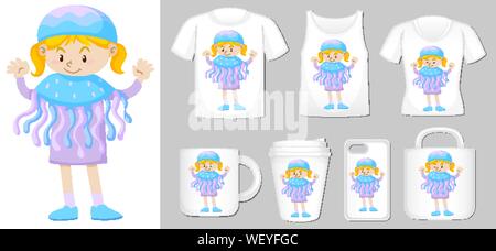 Graphic of girl in jellyfish costume on different product templates illustration Stock Vector