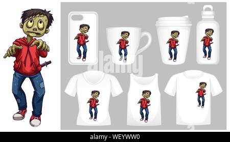 Graphic of zombie on different product templates illustration Stock Vector