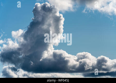 Summer cloudscape, view of natural meteorology background - dramatic clouds floating across blue sky to weather change before rain. Stock Photo