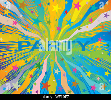 Celebratory colorful burst background with stars and word party Stock Photo