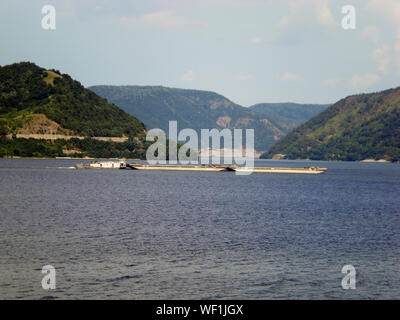 Barge on Danube River on Iron Gates I lake in Orsova, Romania Stock Photo