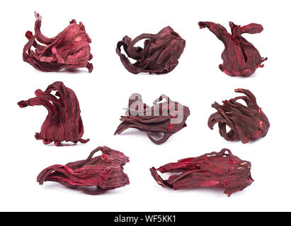 Hibiscus red dry tea close-up, isolated on white background. Collage Stock Photo