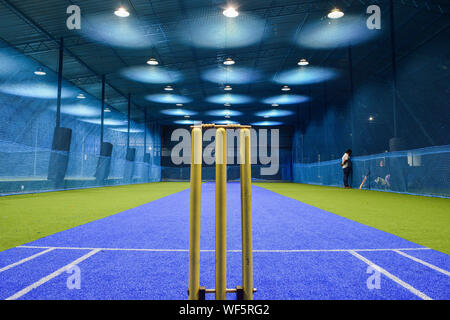 view from behind the wicket of an indoor cricket stadium Stock Photo