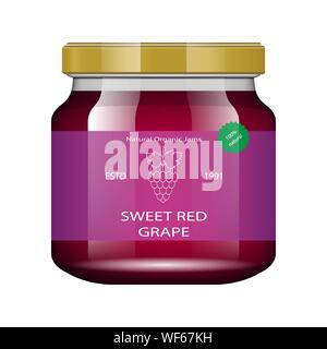 Jam grape. Glass jar with jam and configure. Vector illustration. Packaging collection. Label for jam. Bank realistic. Mock up glass jar with design Stock Vector