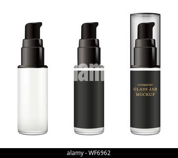 Realistic white glass jar with plastic lid for cosmetics - body cream, butter, scrub, foundation cream, gel, skin care, powder. Premium product Stock Vector