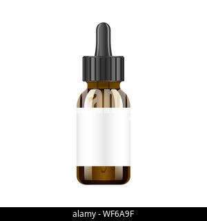 Realistic essential oil brown bottle. Mock up bottle. Cosmetic vial, flask, flacon. Medical bank. Cosmetic dropper-bottle with design label. Vector Stock Vector