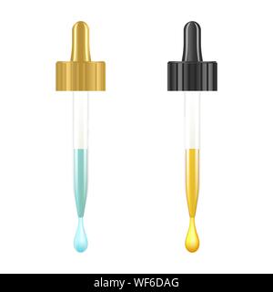 Cosmetic pipette with drops of cosmetic oil close-up on a white background. Template cosmetic products with liquid. Element for design, advertising Stock Vector