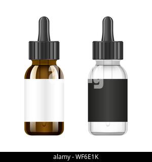 Realistic essential oil brown and white bottle. Mock up bottle. Cosmetic vial, flask, flacon. Medical bank. Cosmetic dropper-bottle with design label Stock Vector