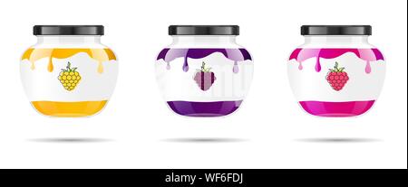 Glass jar with jam and configure with blackberry and raspberry. Vector illustration. Packaging collection. Label for jam. Bank realistic. Mock up Stock Vector