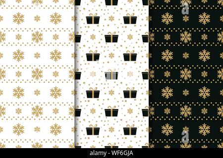 Collection of winter holidays seamless patterns with snowflakes, bows, gift boxes and stars. Golden, black and white background. Stock Vector