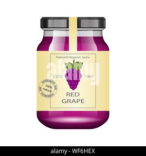 Glass jar with grape jam and configure. Vector illustration. Packaging collection. Vintage Label for jam. Bank realistic. Mock up glass jar with Stock Vector