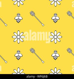 Seamless pattern with honey, bee and flowers. Design elements. Vector illustrations. Stock Vector