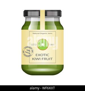 Glass jar with kiwi jam and configure. Vector illustration. Packaging collection. Vintage Label for jam. Bank realistic. Mock up glass jar with design Stock Vector
