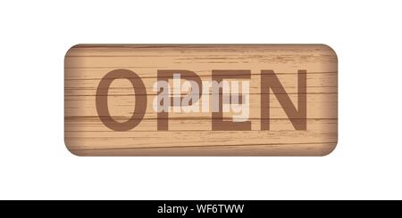 Wooden Open sign. Cartoon wooden buttons with Open sign. Vector illustration. Stock Vector