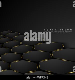 Black Hexagon perspective with golden light shines. Abstract vector background. Minimal design Stock Vector