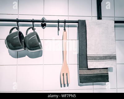 Different Clean Towels Hanging Rack Kitchen Stock Photo by ©NewAfrica  599502714