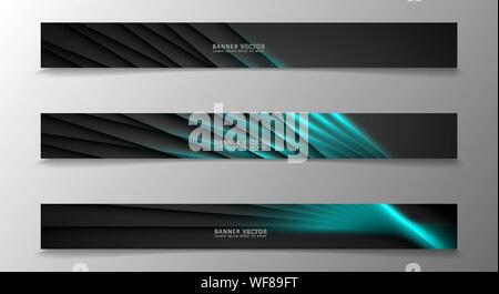 Banner collection, vector background with glowing neon blue stripes in a dark room. Stock Vector