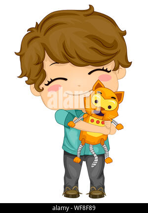 Illustration of a Kid Boy Carrying and Hugging a Pet Cat Robot Stock Photo