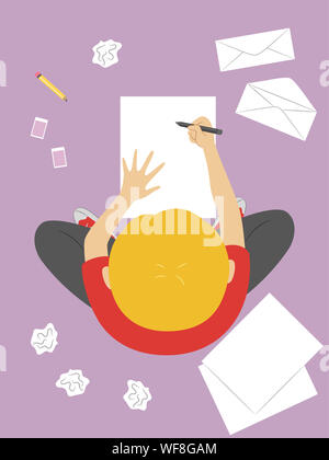 Illustration of a Kid Boy Sitting Down the Floor Writing on Paper with Envelope, Pencil and Papers Stock Photo