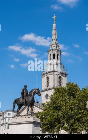 Spire of St. Martin-in-the-Fields Church, an English Anglican church next to Trafalgar Square in City of Westminster, Central London, England, UK. Stock Photo