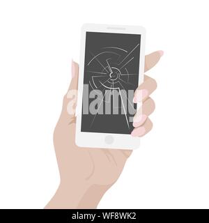 Broken screen smartphone in a female hand. Illustration vector isolated on white background. Stock Vector