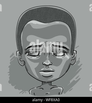 Illustration of a Sad and Distressed African Kid Boy Looking Downwards in Grayscale Stock Photo