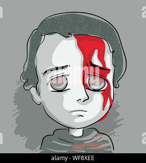 Illustration of a Sad and Distressed Kid Boy with Head Injury and Blood Flowing From Cut in Forehead Stock Photo